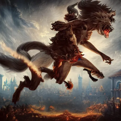 Image similar to A epic and beautiful rococo painting of a Werewolf using a burning laboratory. Castlevania style. ultra-detailed. Anime, pixiv, UHD 8K CryEngine, octane render