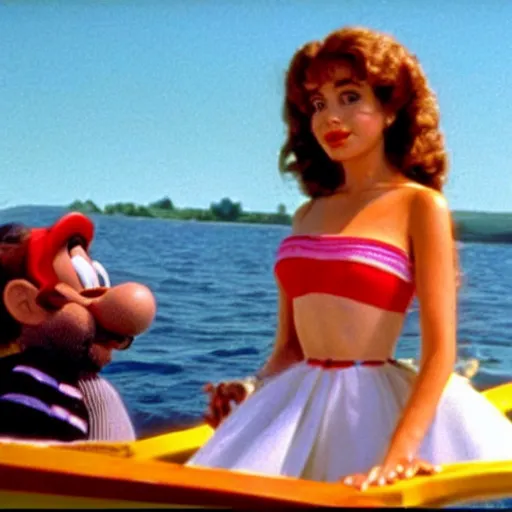 Prompt: highly detailed beautiful Dana Kaminsky on a boat in Super Mario Brothers movie