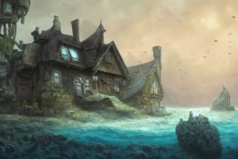 Image similar to underwater scene, on the sandy ocean floor, a typical european house with a slate roof, coral reef, school of fishes, shark, scenic view, atmospheric blue tonality matte painting by marc simonetti and hubert robert, trending on artstation