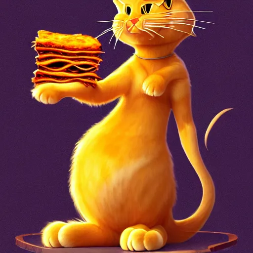 Image similar to fullbody!! personification of garfield the cat as a goddess holding lasagna, stunning, cat face, hyperrealistic, trending on artstation, smooth and sharp, intricate, fine details, highly detailed, elegant, dynamic pose, radiant light, detailed and intricate environment, professional character concept art by tatyana kupriyanova and greg rutkowski and raymond swanland