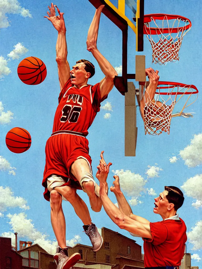 Prompt: detailed 3 d render of jerma 9 8 5 dunking a basketball, illustrated by norman rockwell and jc leyendecker, sharp thick lines, vivid colors, soft vignette, 8 k octane render, hd blender render, post - processing, masterpiece