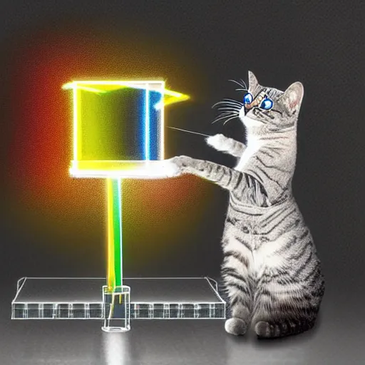 Image similar to Schrodinger's cat performing science experiments in a lab, digital art, high resolution