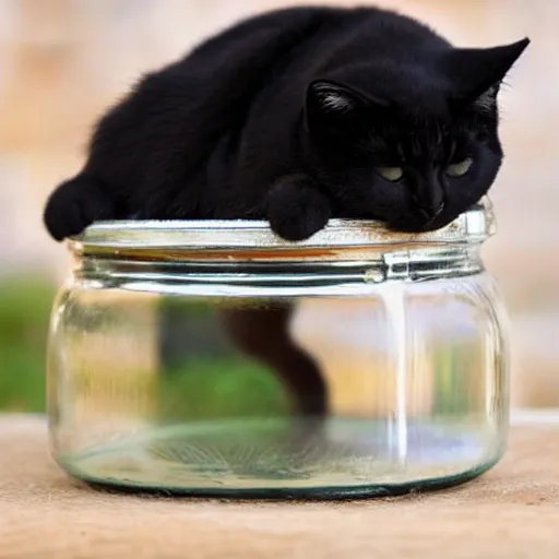 Prompt: a cute black catsleeping inside of a jar