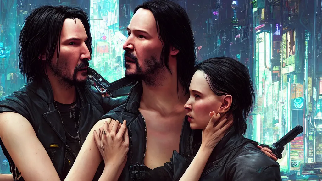 Image similar to a cyberpunk 2077 srcreenshot couple portrait of Keanu Reeves and female android final kiss,love,film lighting,by Laurie Greasley,Lawrence Alma-Tadema,Andrei Riabovitchev,Dan Mumford,John Wick,Speed,Replicas,artstation,deviantart,FAN ART,full of color,Digital painting,face enhance,highly detailed,8K,octane,golden ratio,cinematic lighting