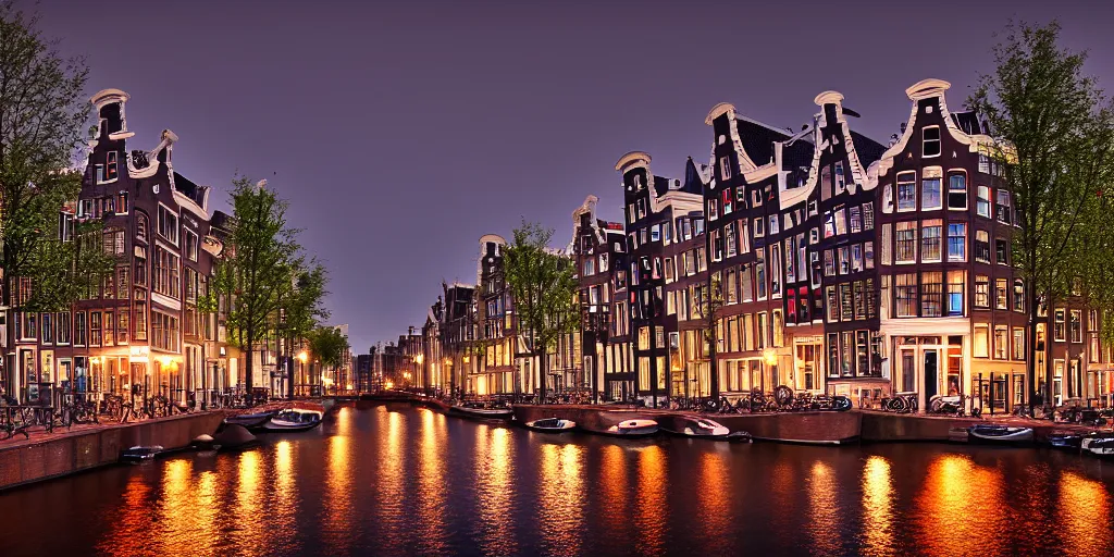 Image similar to realistic photo of Amsterdam ar night, leica, medium format, 8K, hyper realistic, very detailed,