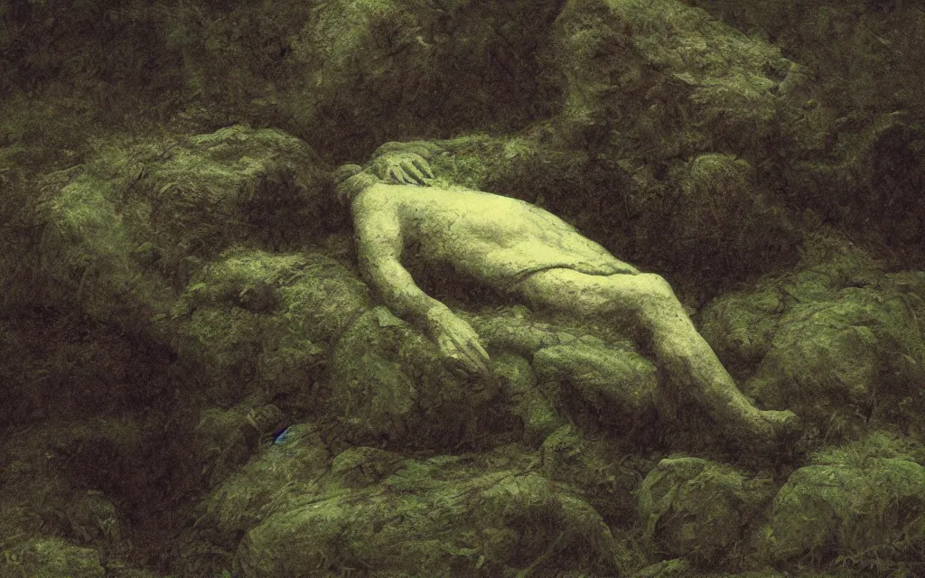 Image similar to the sleeping stone prince submerged in shadow and mist overgrown garden (melancholy), exquisite painting, moody colors chromatic aberration