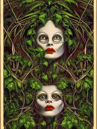 Prompt: The Hanging-Gardens of Pareidolia, ivy, verbena and pothos growing facial features and optical-illusions!!!!!, aesthetic!!!!!, by Gerald Brom in the style of Johfra Bosschart in the style of,