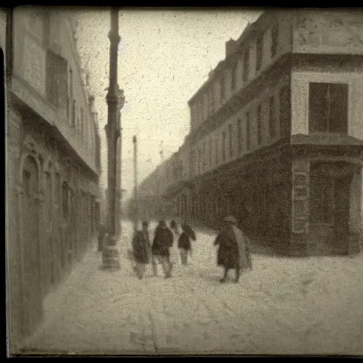 Image similar to street photograph from the 1600s, faded, blurry, first ever photograph