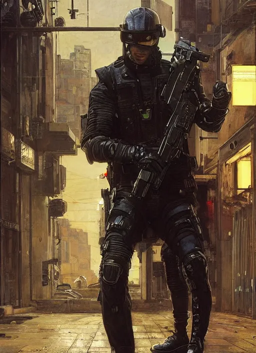 Prompt: maria evades sgt rhodes. Cyberpunk hacker escaping Menacing Cyberpunk police trooper wearing a combat vest. Rainy streets (dystopian, police state, Cyberpunk 2077, bladerunner 2049). Iranian orientalist portrait by john william waterhouse and Edwin Longsden Long and Theodore Ralli and Nasreddine Dinet, oil on canvas. Cinematic, vivid colors, hyper realism, realistic proportions, dramatic lighting, high detail 4k