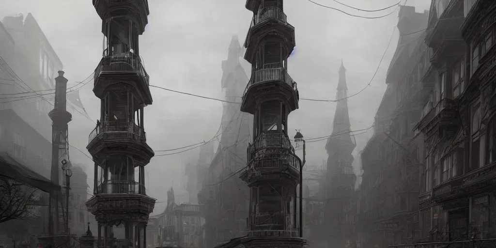 Prompt: A street-level view of a gloomy fantasy Victorian-era town, single-point perspective centered in a radio tall, foreboding radio tower with cast-iron walkways; muted colors cloudy weather, artstation, octane render, cgi, cgsociety, volumetric lighting, cinematic, colorful, ray traced, ambient occlusion, depth of field, fog,