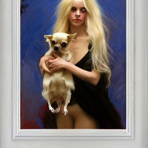 Image similar to beautiful blonde woman, blue eyes, intricate, elegant, highly detailed, holding old long haired chihuahua, greg manchess, mucha, liepke, ruan jia, jeffrey catherine jones, ridley scott