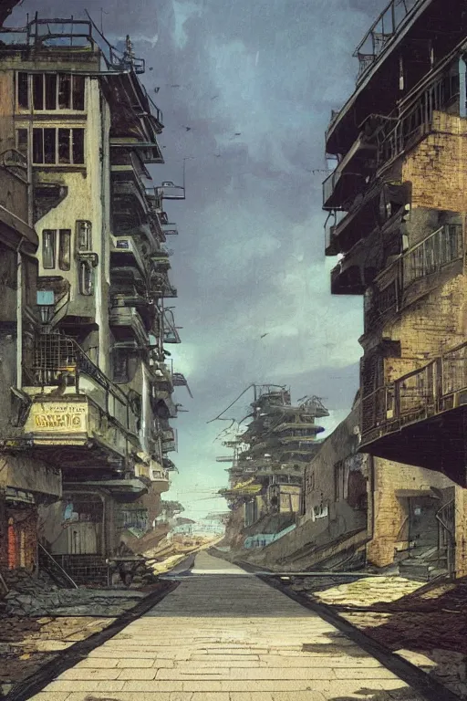 Prompt: a beautifully digital matte grungy street by the sea by angus mckie, greg rutkowski and caspar david friedrich