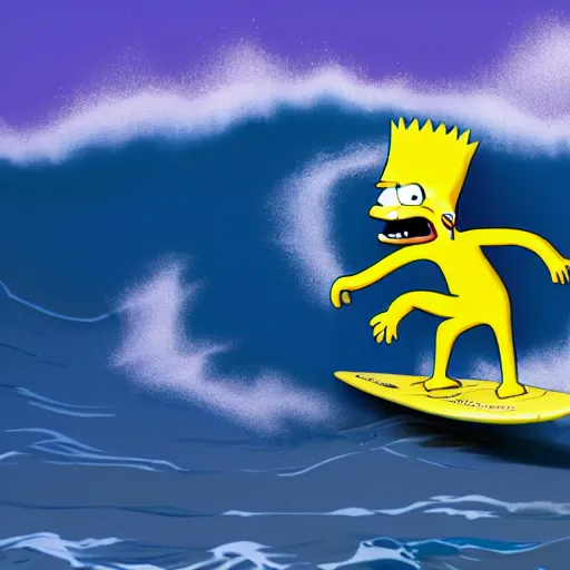 Prompt: Bart Simpson surfing the wave, artstation, 8K, UE5, photorealistic, by Dylan Kowalski