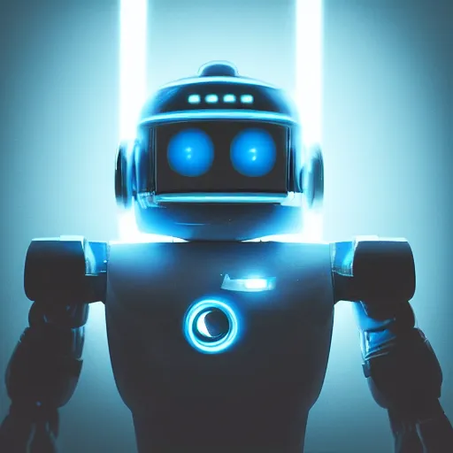 Image similar to portrait photo of a robot bear as a jedi, blue and yellow lighting, dark, cinematic, high quality, 4 k