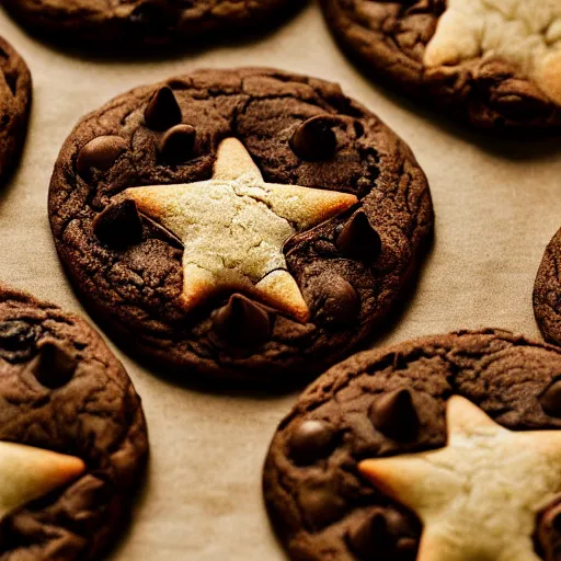 Image similar to close view of a 5 pointed star shaped chocolate chip cookie, warm dim light