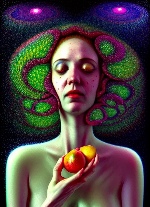 Image similar to hyper detailed 3d render like a Oil painting - Aurora (Singer) Eats of the Strangling Fruit of penance open eyes and Her Hands full of gossamer polyp blossoms bring iridescent fungal flowers whose spores black the foolish stars by Jacek Yerka, Mariusz Lewandowski, Houdini algorithmic generative render, Abstract brush strokes, Masterpiece, Edward Hopper and James Gilleard, Zdzislaw Beksinski, Mark Ryden, Wolfgang Lettl, hints of Yayoi Kasuma, octane render, 8k