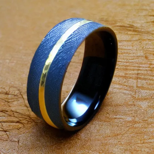 Prompt: gold very thin wedding ring with ripple texture blue prints, black and white