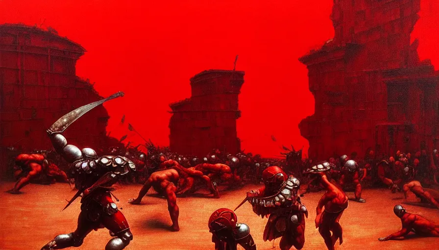 Image similar to only with red, a lightly armored gladiator in a crowded roman amphitheatre, crowd cheering, in the style of beksinski and edward hopper and rodcenko and yue minjun and artgerm, intricate and epic composition, red by caravaggio, highly detailed, masterpiece, red light, artstation, art nouveau