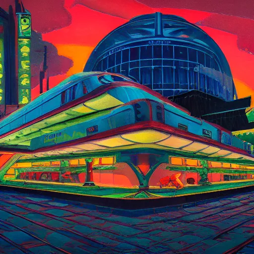 Prompt: detailed rooster, clockwork, moment, tectonic sky, skydome, bullet train, turbines, utopian, tech noir, wet reflections, prism, atmospheric, ambient, pj crook, syd mead, malcom t liepke, emma uber, edward hopper