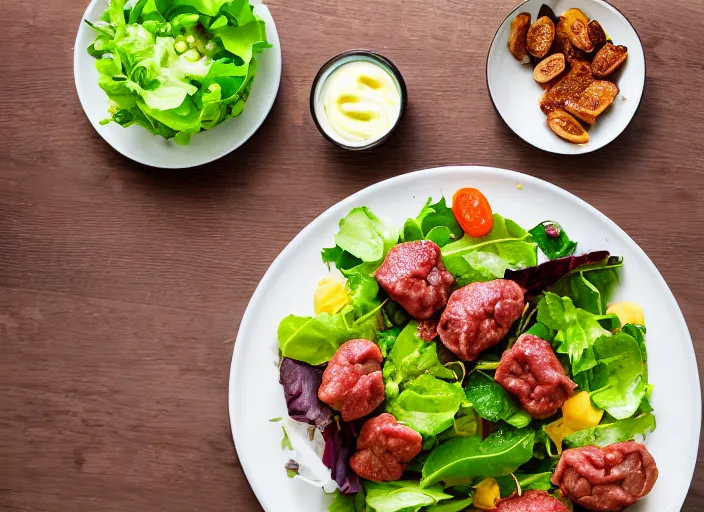 Image similar to dslr food photograph of salad with cow tounges, 8 5 mm f 1. 8