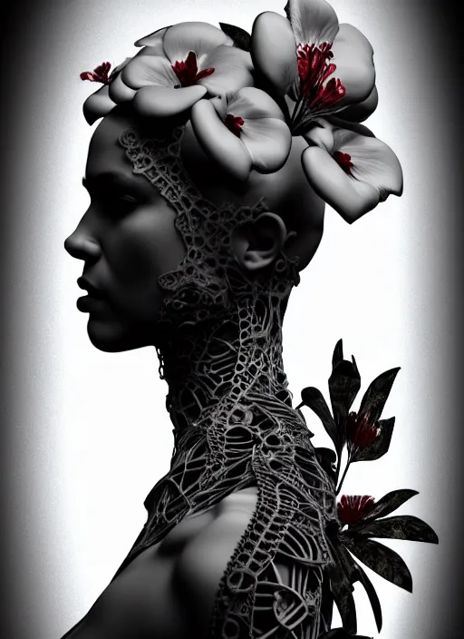 Image similar to monochrome 3 d model, biomechanical beautiful young female cyborg with porcelain profile face and a big floral eye, volumetric light, leaves foliage and stems, hibiscus flowers, boho floral vines, sinuous fine roots, fine foliage lace, alexander mcqueen, rim light, big gothic fashion pearl embroidered collar, steampunk, octane render, 8 k