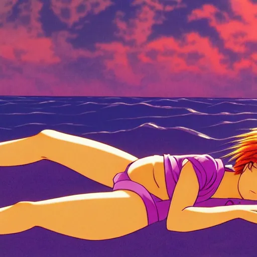 Prompt: girl laying in the sand next to ocean in sunset, sprite, vaporwave nostalgia, visual novel cg, 8 0 s anime vibe, kimagure orange road, maison ikkoku, initial d, drawn by by rumiko takahashi, directed by hideki anno, wallpaper, ultra hd, vlc screenshot