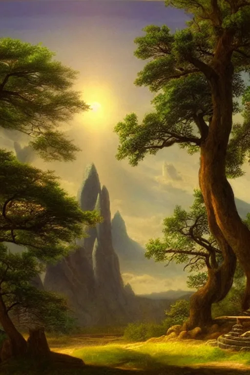 Image similar to fantasy landscape with elven temple in a forest, calm serene atmosphere, in the style of hudson river school