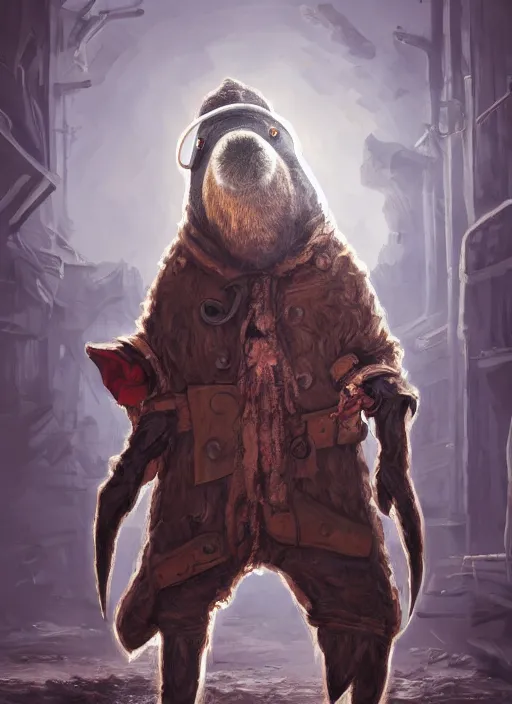 Image similar to detailed full body concept art illustration, plague style oil painting on canvas of an anthropomorphic capybara cowboy plague doctor in full intricate clothing, biomutant, dystopian, micro detail, octane render, 4K