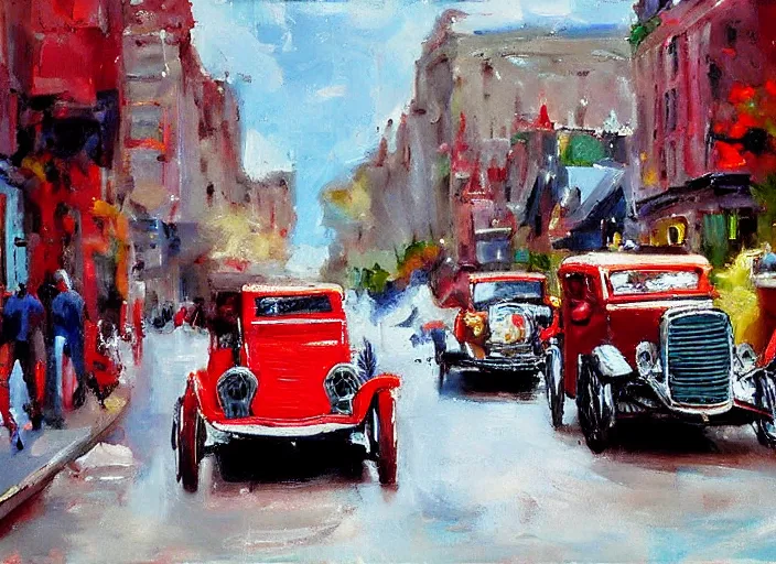 Image similar to hotrods driving down a street , vintage, highly detailed, by Antoine blanchard