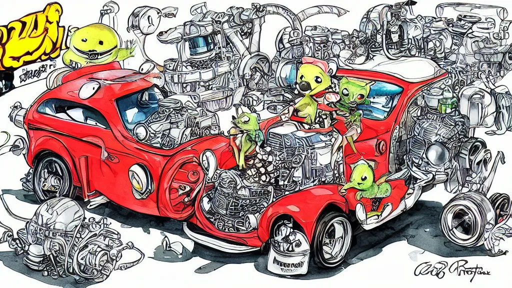 Image similar to cute and funny, racoon riding in a tiny hot rod coupe with oversized engine, ratfink style by ed roth, centered award winning watercolor pen illustration, isometric illustration by chihiro iwasaki, edited by range murata