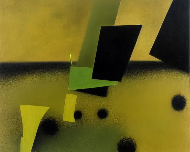 Image similar to a green, gold, and black painting by Yves Tanguy