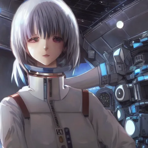 Prompt: Rei Ayanami, female anime character, technological rings, inside a space station, shot from the ground by Yoshiyuki Sadamoto, environment concept, digital art, trending on artstation, low level, 4K UHD image, octane render, Howl's Moving Castle, tranquil divine observer Nymph by ismail inceoglu nicola samori dragan bibin hans thoma greg rutkowski Alexandros Pyromallis Nekro Rene Margitte illustrated, official anime key media