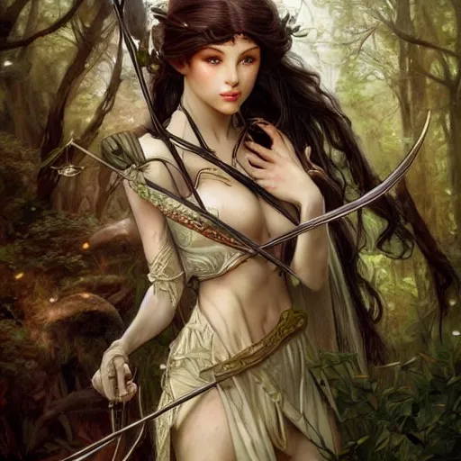 Image similar to a photograpic of elven archers, cute, fantasy, intricate, elegant, highly detailed, digital painting, artstation, concept art, smooth, sharp focus, illustration, art by artgerm and H R Giger and alphonse mucha