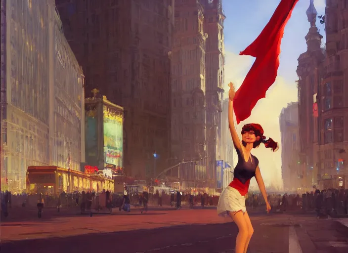 Image similar to gorgeous inspiring girl enthusiastically waving a red flag over her head to inspire people in a Mandelbrot fractal bustling Moscow City by Craig Mullins, ilya kuvshinov, krenz cushart, artgerm trending on artstation by Edward Hopper and Dan Mumford and WLOP and Rutkovsky, Unreal Engine 5, Lumen, Nanite
