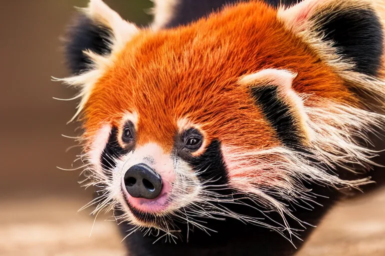 Image similar to a pig red panda!!! hybrid! hyper realistic!! realistic lighting!! wildlife photographer of the year!!! bold natural colors, national geographic, hd, wide angle, 8 k