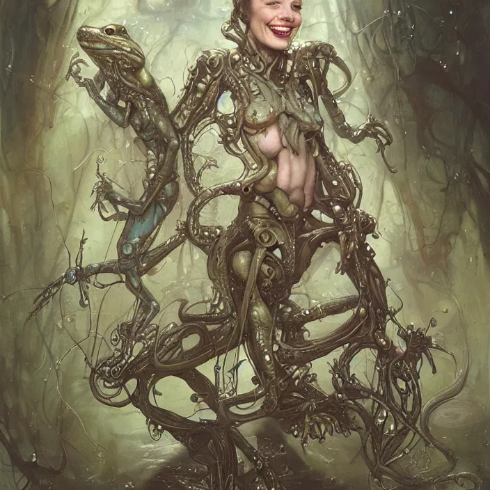 Prompt: a portrait photograph of a grinning amphibian female alien with wet skin. she wearing a tactical suit and has many body modifications. by tom bagshaw, donato giancola, hans holbein, walton ford, gaston bussiere, brian froud, peter mohrbacher and magali villeneuve. 8 k, fashion editorial, cgsociety