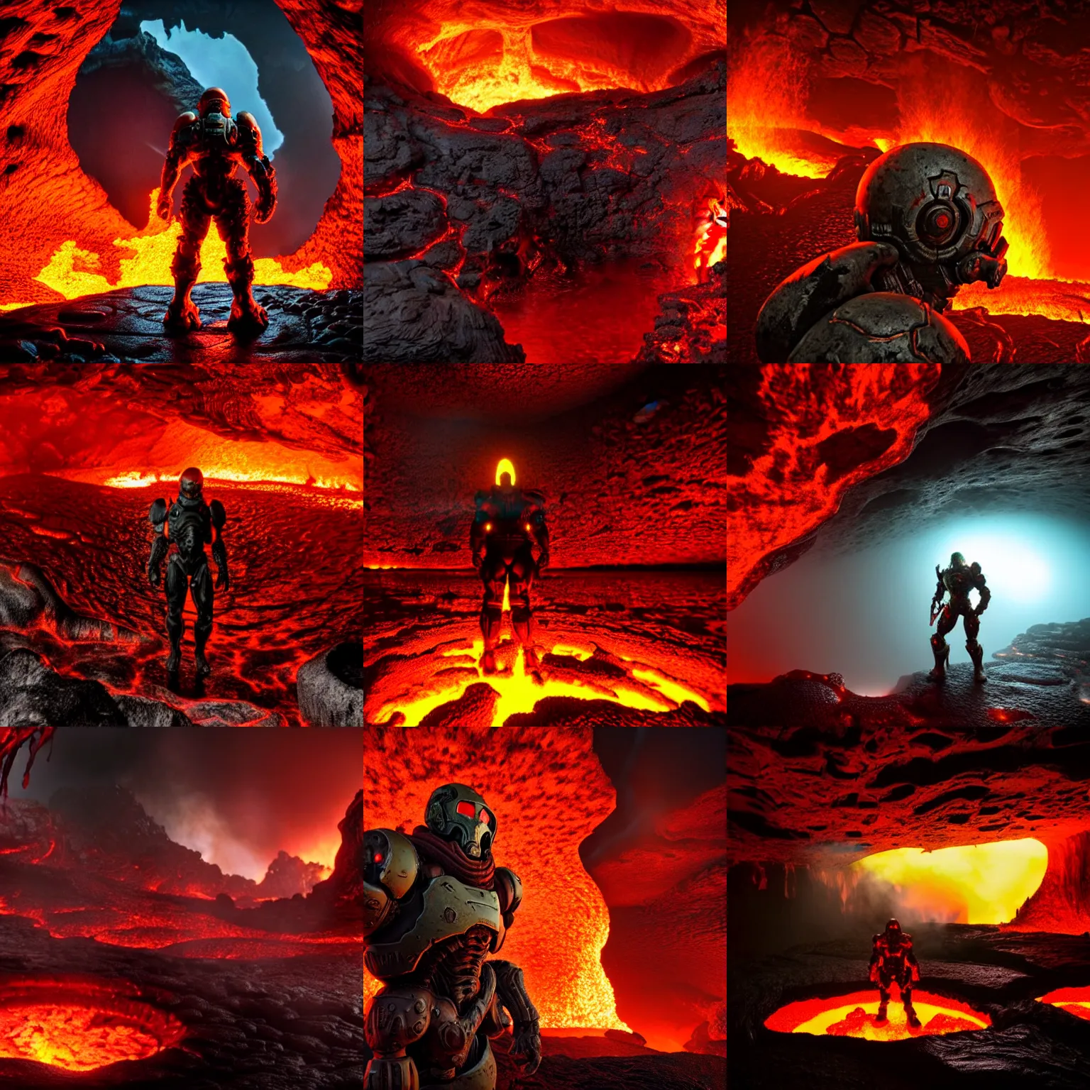 Prompt: a doom slayer emerges from a lava lake, cave background, high detail, lava reflections, cave reflecting in the lava lake, dramatic shot