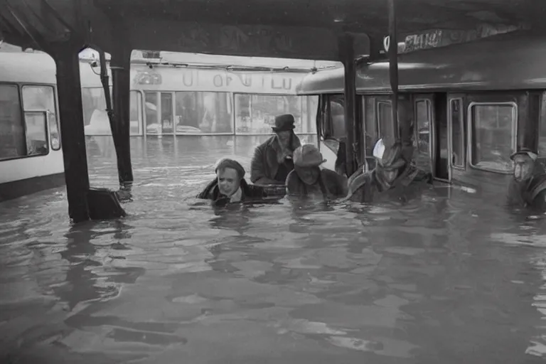 Prompt: Almost completely flooded metro wagon. Photo from inside the wagon, in the center of the frame stands one calm man up to his chest in water and looks at the camera. Warm lighting, old color photo, USSR, extremely detailed, 8k, vintage color