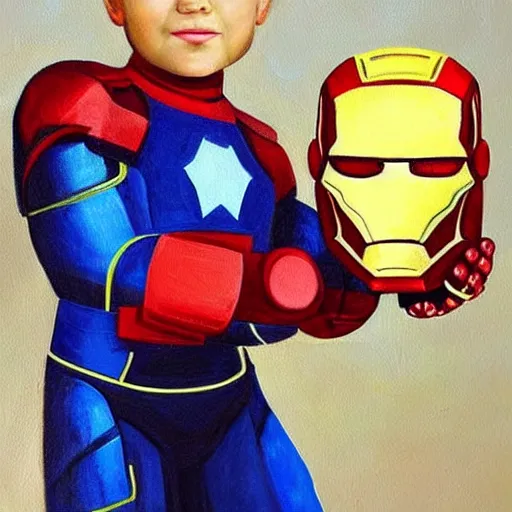 Prompt: a cute seven year old boy with tousled blonde hair and blue eyes holding an iron man helmet, beautiful painting by magali villanueve and raymond swanland