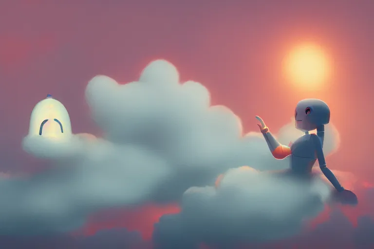 Image similar to a cute robot girl sitting on a cloud relaxing, misty, digital art, hazy, foggy, red lighting, ambient lighting, 8 k,