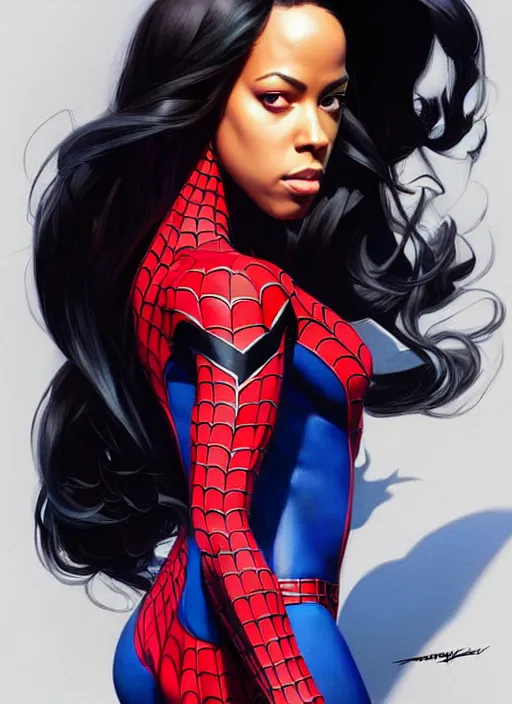 Prompt: full body portrait of marvel cinematic universe aaliyah haughton, spider woman, spider man, elegant, webs, super hero, highly detailed!! digital painting, artstation, glamor pose, concept art, sharp focus, illustration, art by artgerm and greg rutkowski, artey freytag