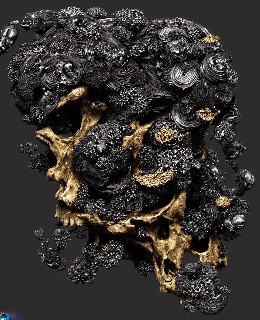 Image similar to fully black background. background hex 000000. goddess princess face close-up portrait ram skull. sculpture made of gold and black charcoal. jellyfish phoenix head, nautilus, orchid, skull, betta fish, bioluminiscent creatures, intricate artwork by Tooth Wu and wlop and beeple. octane render, trending on artstation, greg rutkowski very coherent symmetrical artwork. cinematic, hyper realism, high detail, octane render, 8k