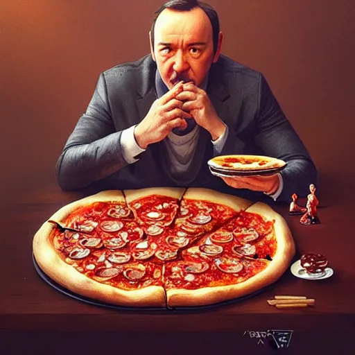 Prompt: Kevin Spacey eating pizza, dripping tomato Sauce, serving happy meals, D&D, spilling ketchup, fantasy, intricate, elegant, highly detailed, digital painting, artstation, concept art, matte, sharp focus, illustration, hearthstone, art by Artgerm and Greg Rutkowski and Alphonse Mucha