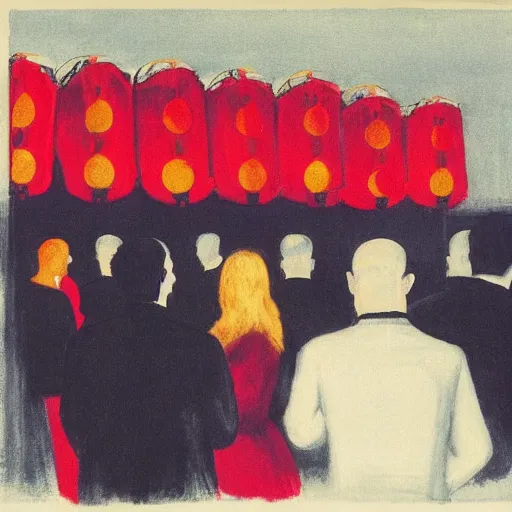 Image similar to night club, five red chinese lanterns, people's silhouettes close up, minimalism, by edward hopper