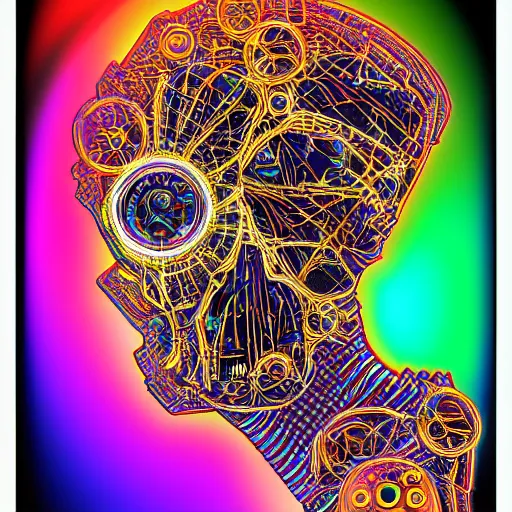 Prompt: hyperdetailed portrait of a spaced out steampunk robot head, 8 k, symetrical, flourescent, halluzinogenic, meditative, multicolored vector art, black background