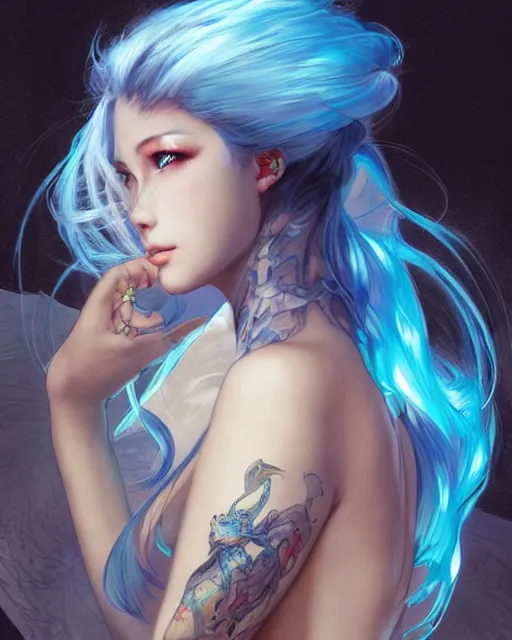 Image similar to stunningly beautiful female with a dragon back tattoo, blue hair, dj sura, laser lights, sharp focus, digital painting, 8 k, concept art, art by wlop, artgerm, greg rutkowski and alphonse mucha