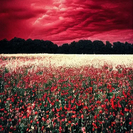 Image similar to A evil red clouds over a large flower field, eerie, 1970s photo, scary vibes