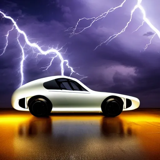 Prompt: futuristic flying car in surrounded by a circle made of lightning, in the sky, thunderstorm at night, 28mm dramatic photo