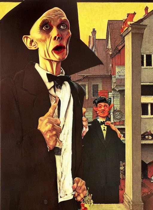 Prompt: upper body portrait of nosferatu in a suit, in the background a candy store, sunny day, by norman rockwell