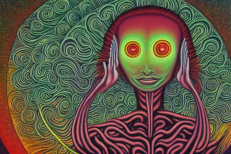 Image similar to painting of a terrified alien meditating under a tree by alex grey, acrylic art, dreadful, soothing, somber, elegant, soft light,